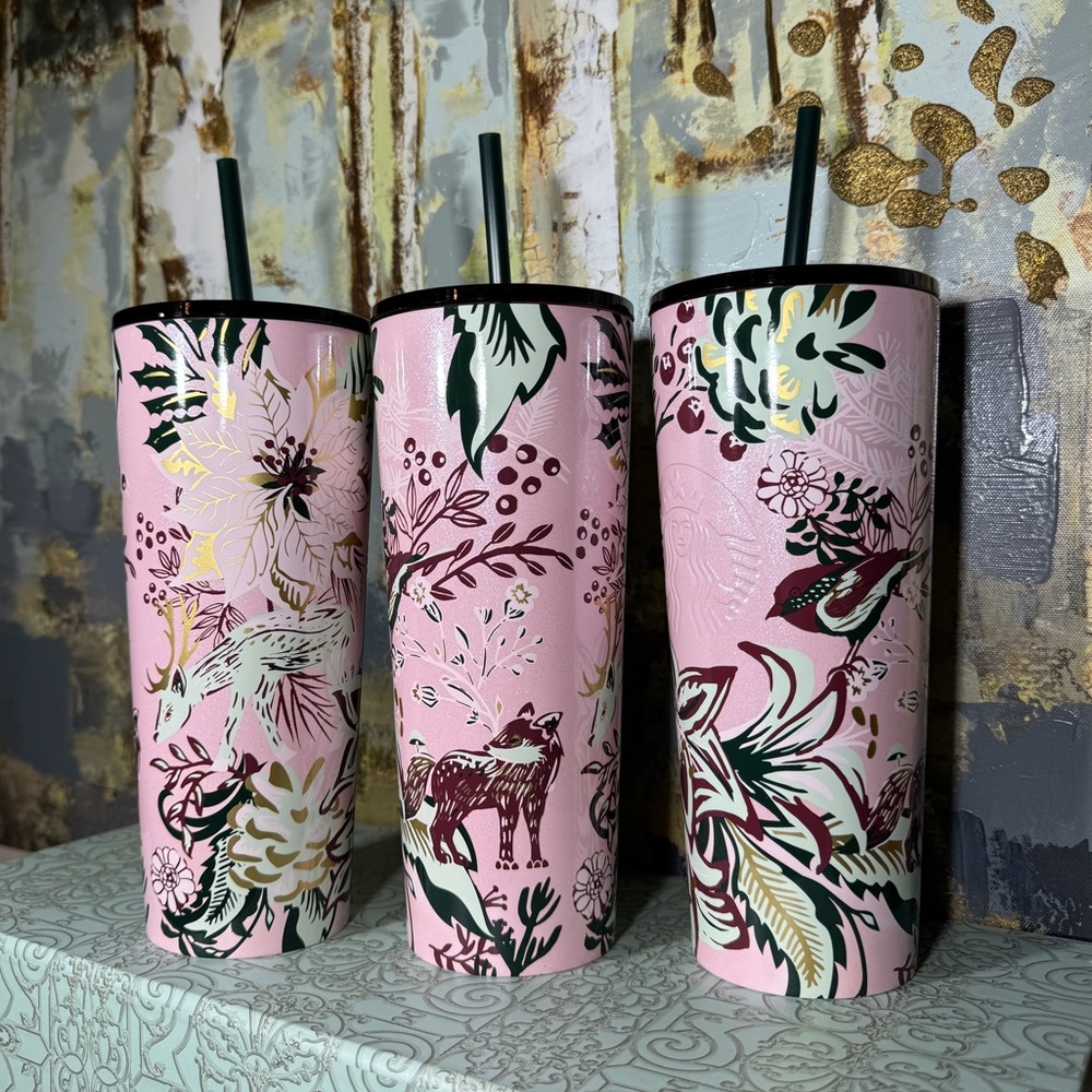 Starbucks Pink Shimmer Enchanted Forest Stainless Steel Tumbler Bundle